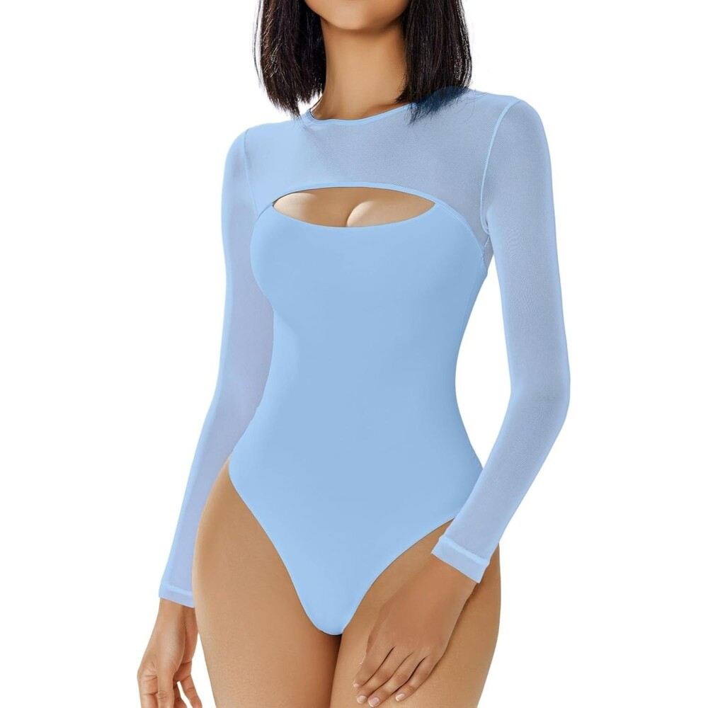 Avidlove Women's Bodysuits X-SMALL Shapewear Sexy Light Blue Lined Cutout Shirt
